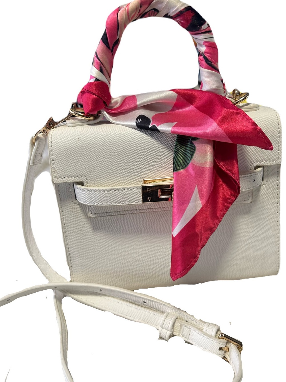 White Handbag with Pink Printed Scarf